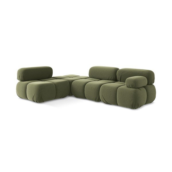 Divano angolare componibile verde chiaro (con penisola a sinistra) con rivestimento in velluto Lokua – Makamii-image-3