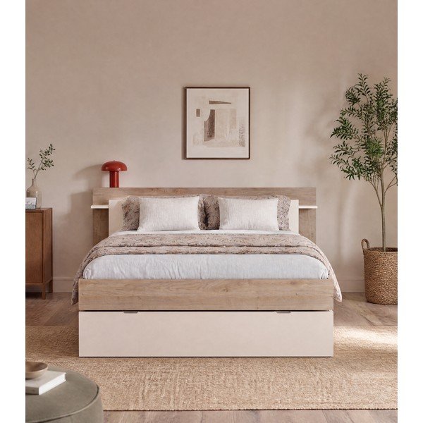 Letto matrimoniale effetto rovere con contenitore senza griglia in colore bianco e naturale 160x200 cm Albo - Marckeric-image-3
