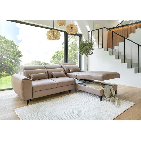 Divano angolare marrone chiaro allungabile/con contenitore (con penisola a destra/con chaise lounge) e rivestimento in velluto Foble – ELTAP-image-4