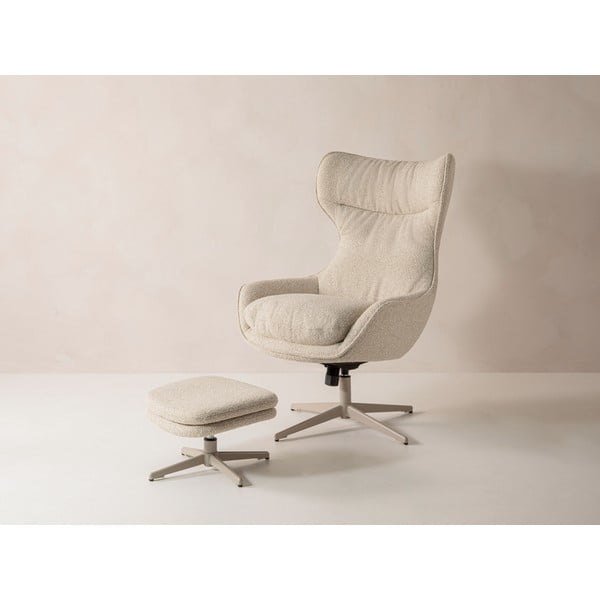 Poltrona con poggiapiedi beige girevole con rivestimento in bouclé Kenzi – Micadoni -image-3