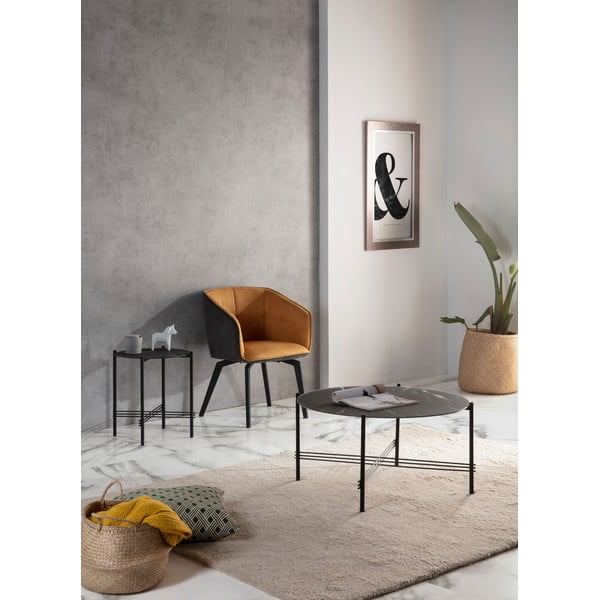 Tavolino nero con piano in vetro con decoro in marmo , ø 47 cm Kendall - Marckeric-image-1