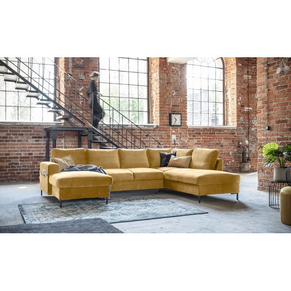 Divano letto a U in velluto giallo senape, angolo destro Lofty Lilly - Miuform-image-3