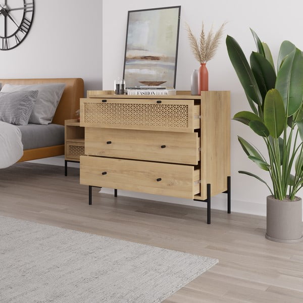 Cassettiera bassa in rovere decorato in colore naturale 90x80 cm Mayra - Marckeric-image-3