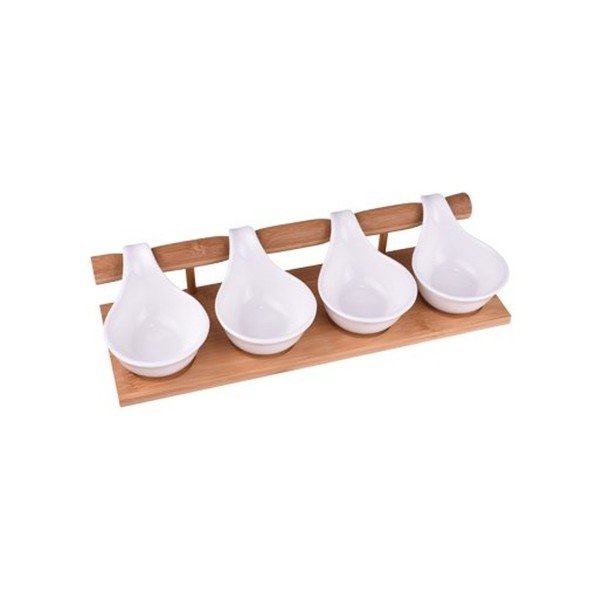 Sada 4 porcelánových lžic s bambusovým stojanem Bambum Buffet