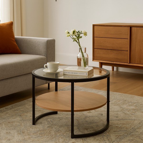 Tavolino da salotto rotondo nero/di colore naturale con effetto rovere ø 68 cm Zanu – Bonami Essentials-image-1