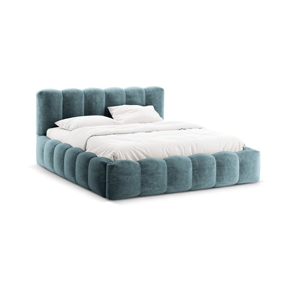 Letto matrimoniale imbottito blu con spazio contenitivo e rete 200x200 cm Lupine - Micadoni Home-image-3