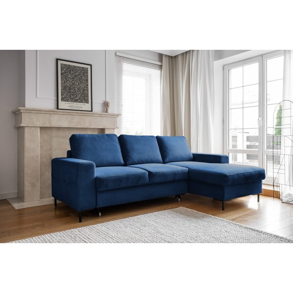 Divano letto angolare in velluto a coste blu scuro (angolo destro) Lofty Lilly - Miuform-image-3