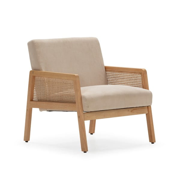 Poltrona con trama beige con rivestimento in velluto a coste Debra – Marckeric