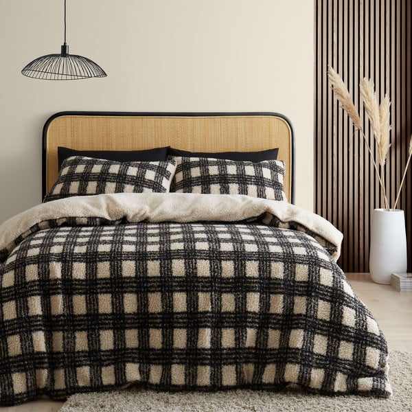 Biancheria da letto singola nera e crema in micro felpa 135x200 cm Cosy Borg Sherpa - Catherine Lansfield