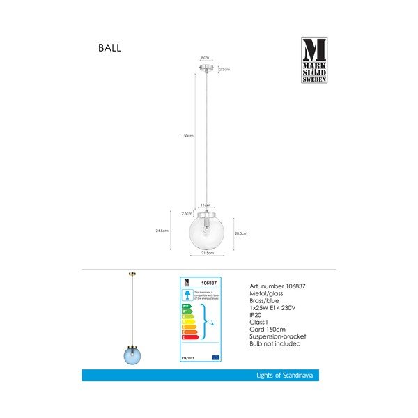 Lampada a sospensione in blu-oro Ball Two, ⌀ 22 cm - Markslöjd-image-3