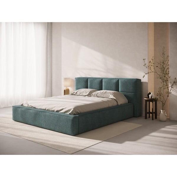 Letto matrimoniale imbottito blu con contenitore e rete inclusi 200x200 cm Simon – Micadoni -image-1