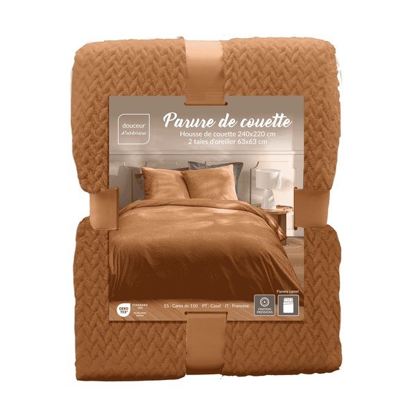 Set copripiumino e federa marrone chiaro in microflanella per letto matrimoniale/per letto esteso 3 pezzi 240x220 cm Flanou – douceur d'intérieur-image-3