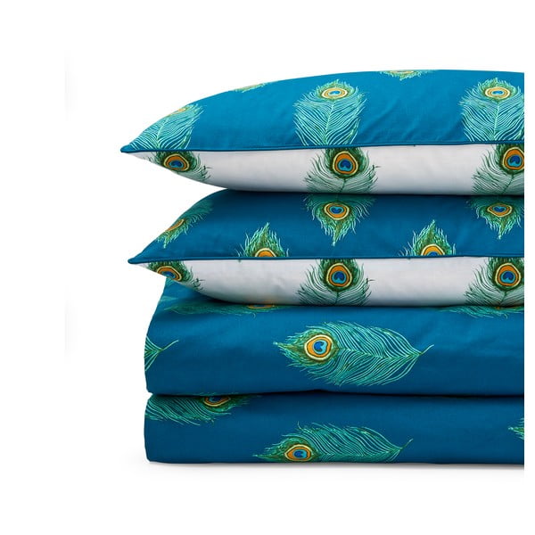 Set copripiumino e federa bianco e color foglia di tè in cotone per letto matrimoniale 200x200 cm Peacock Feather – Their Nibs