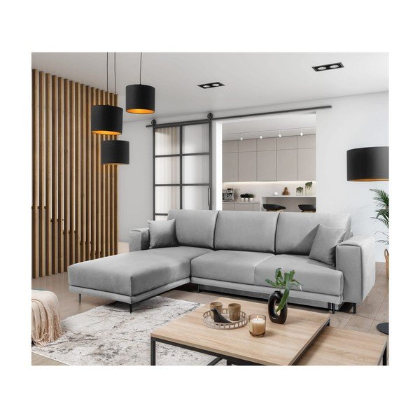 Divano angolare grigio chiaro allungabile/con contenitore (con penisola a sinistra/con chaise lounge) e rivestimento in velluto Dalia – ELTAP-image-4