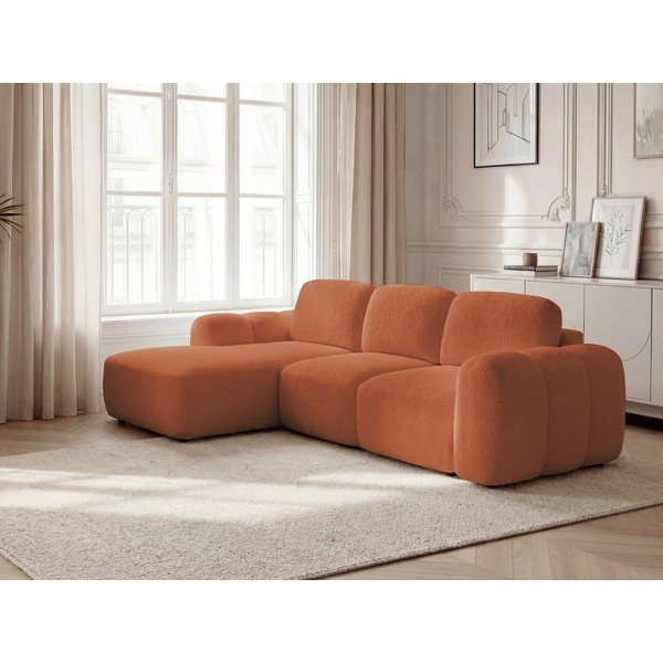 Divano angolare arancione allungabile/con contenitore (con penisola a sinistra/con chaise lounge) con rivestimento in bouclé Montaigne – Bobochic Paris-image-1