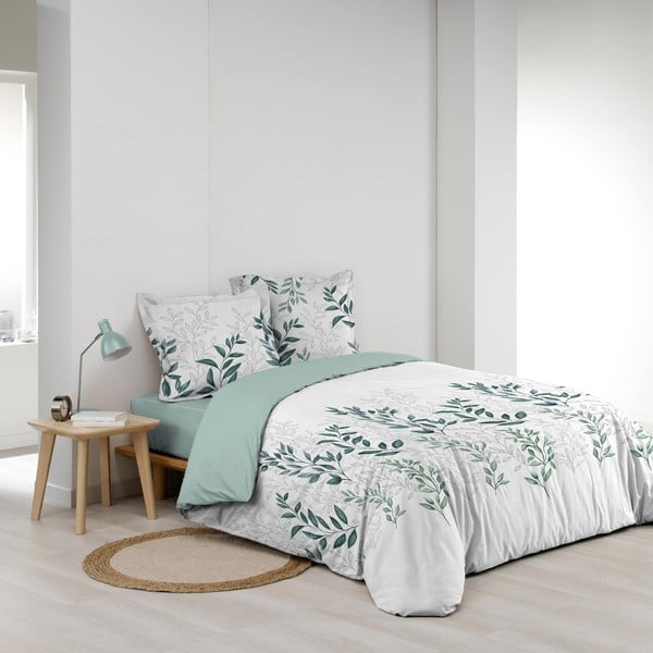 Set copripiumino e federa bianco/verde in percalle di cotone per letto matrimoniale ed esteso 240x220 cm Wendy – douceur d'intérieur-image-2