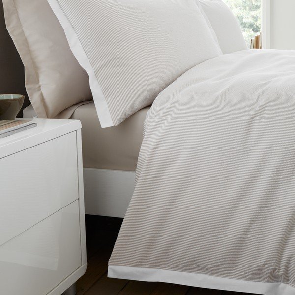 Set copripiumino e federa color crema in percalle di cotone per letto singolo 135x200 cm Seersucker Woven Stripe – Bianca-image-4