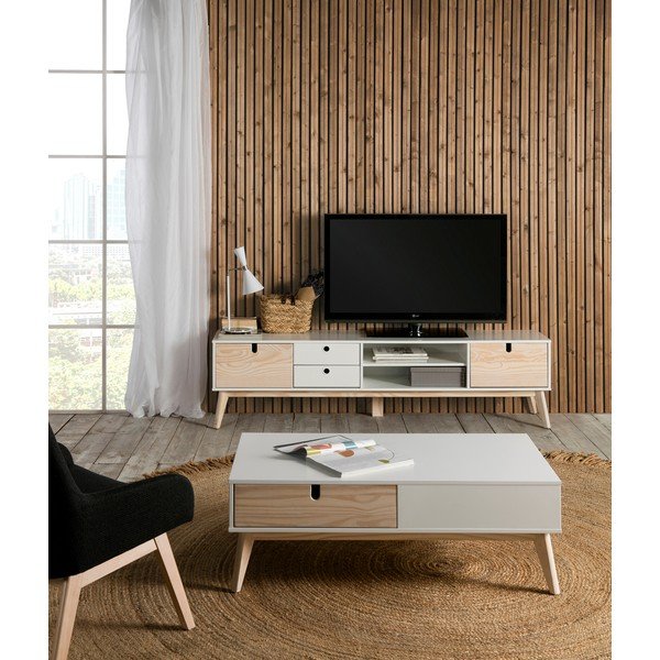 Tavolo TV bianco con gambe in legno di pino Kiara - Marckeric-image-1