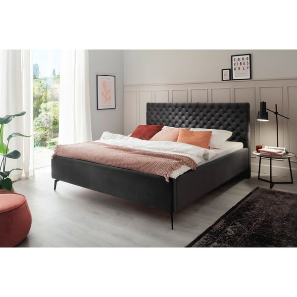 Letto matrimoniale imbottito grigio scuro con contenitore con rete inclusa 180x200 cm La Maison – Meise Möbel-image-1