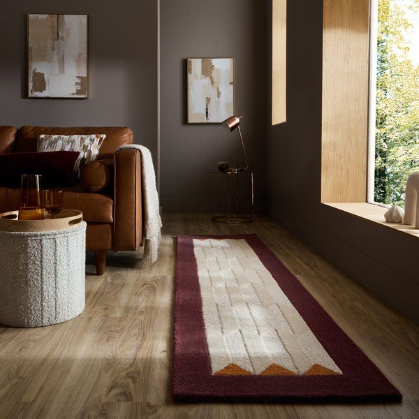 Passatoia burgundy/di colore naturale in lana tessuta a mano 60x230 cm Apex Border Wool – Flair Rugs-image-1