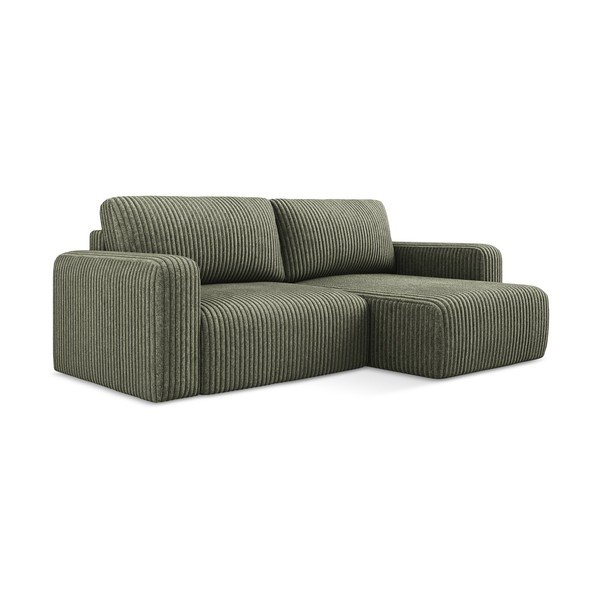 Divano angolare verde allungabile/con contenitore (con penisola a destra/con chaise lounge) con rivestimento in velluto a coste Kona – Makamii-image-2