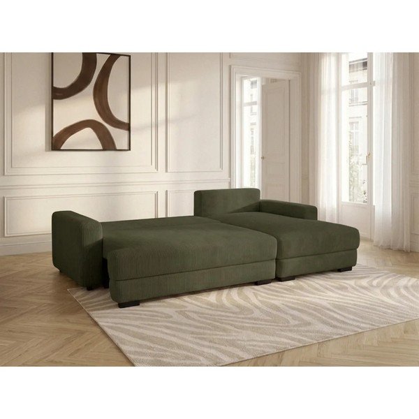 Divano angolare verde allungabile/con contenitore (con penisola a destra/con chaise lounge) con rivestimento in velluto a coste Campi – Bobochic Paris-image-3