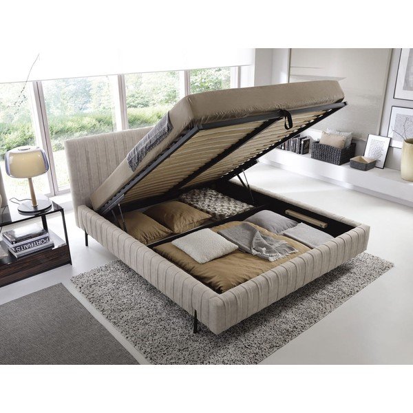Letto matrimoniale imbottito beige con contenitore e rete inclusi 160x200 cm Plissa – ELTAP-image-2
