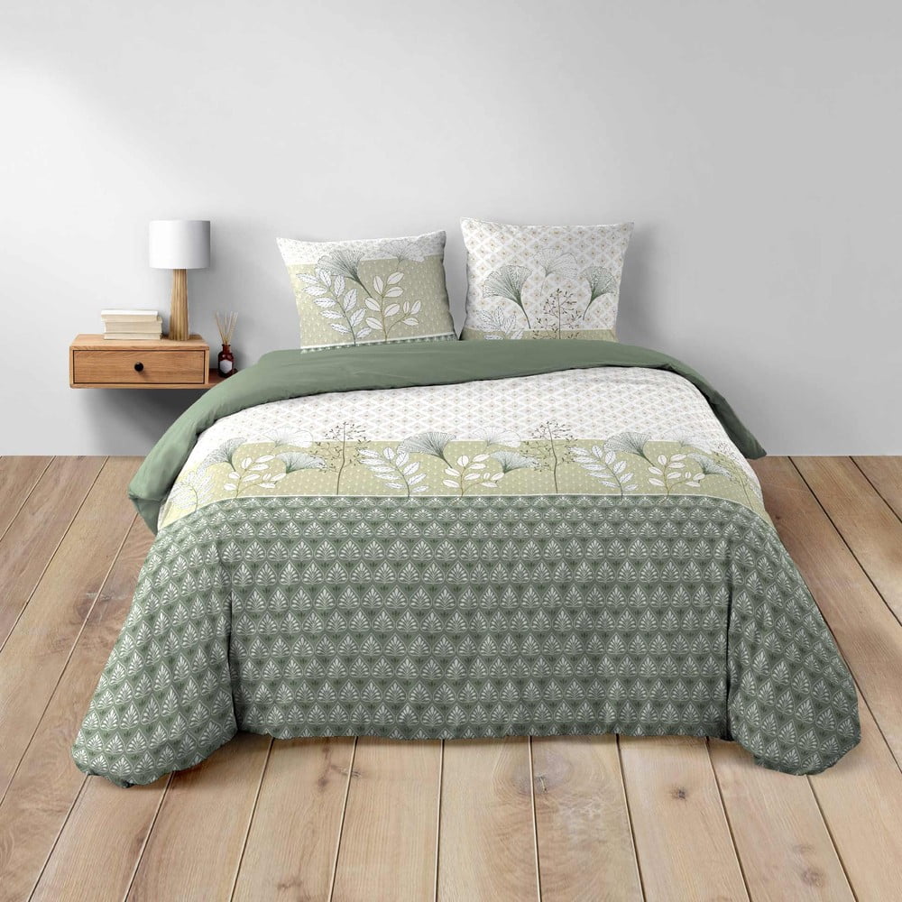 Set copripiumino e federa bianco/verde in cotone per letto matrimoniale ed esteso 240x220 cm Poetine – douceur d'intérieur | Biancheria da letto