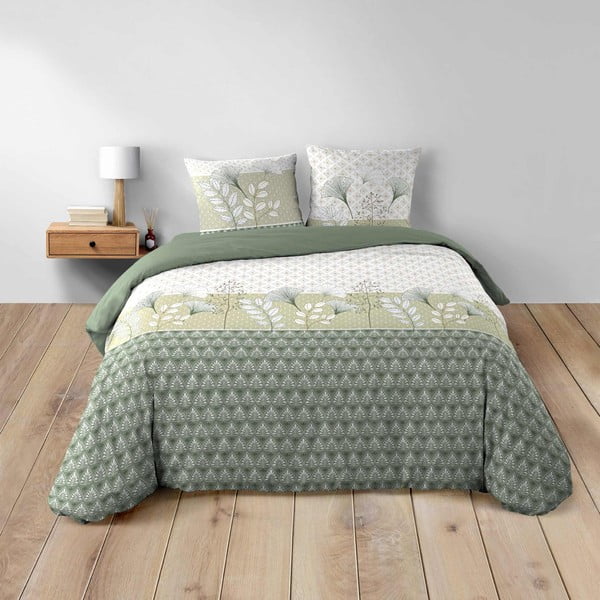 Set copripiumino e federa bianco/verde in cotone per letto matrimoniale ed esteso 240x220 cm Poetine – douceur d'intérieur
