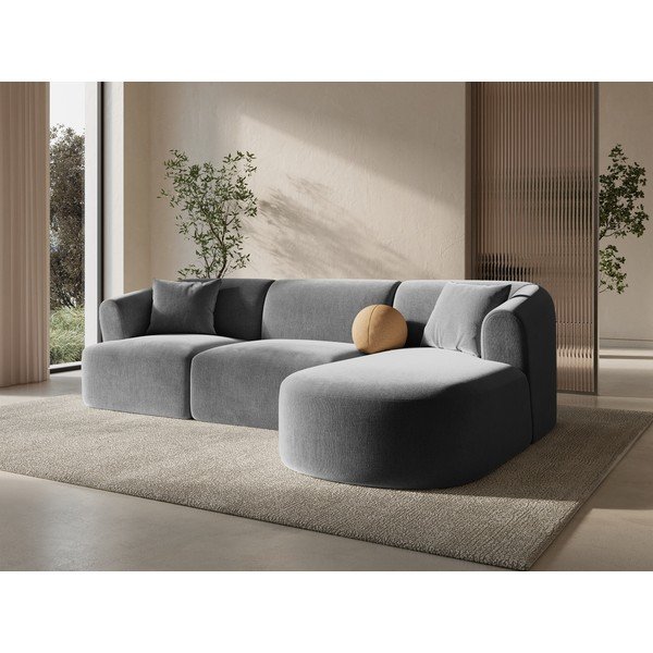 Divano angolare grigio chiaro (con penisola a destra/con chaise lounge) con rivestimento in velluto Campi – Cosmopolitan Design-image-1