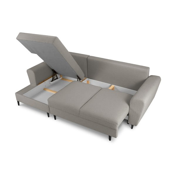 Divano angolare grigio chiaro allungabile e con contenitore (con penisola a sinistra/con chaise lounge) con rivestimento in bouclé Kyoto – Cosmopolitan Design-image-3