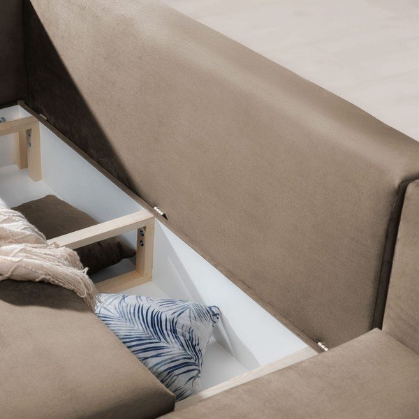 Divano angolare marrone chiaro allungabile/con contenitore (con penisola a destra/con chaise lounge) e rivestimento in velluto Dalia – ELTAP-image-1