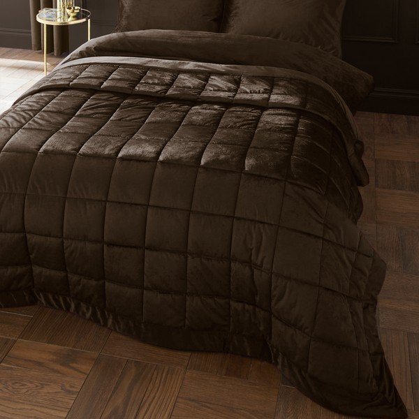 Copriletto marrone scuro in velluto con rivestimento trapuntato 220x220 cm Kingsley Matt Velvet – Catherine Lansfield-image-1