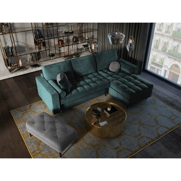 Divano letto angolare in velluto verde petrolio, angolo destro Santo - Milo Casa-image-1