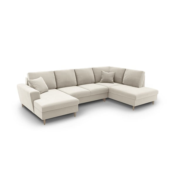 Divano angolare beige allungabile e con contenitore (con penisola a destra/a U) con rivestimento in velluto Kyoto – Cosmopolitan Design-image-1