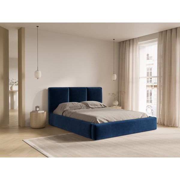 Letto matrimoniale imbottito in blu scuro in velluto con contenitore con rete inclusa 180x200 cm Brody – Mazzini Beds-image-1