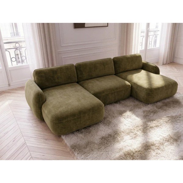 Divano angolare verde allungabile/con contenitore (a U) con rivestimento in velluto Celeste – Bobochic Paris-image-1