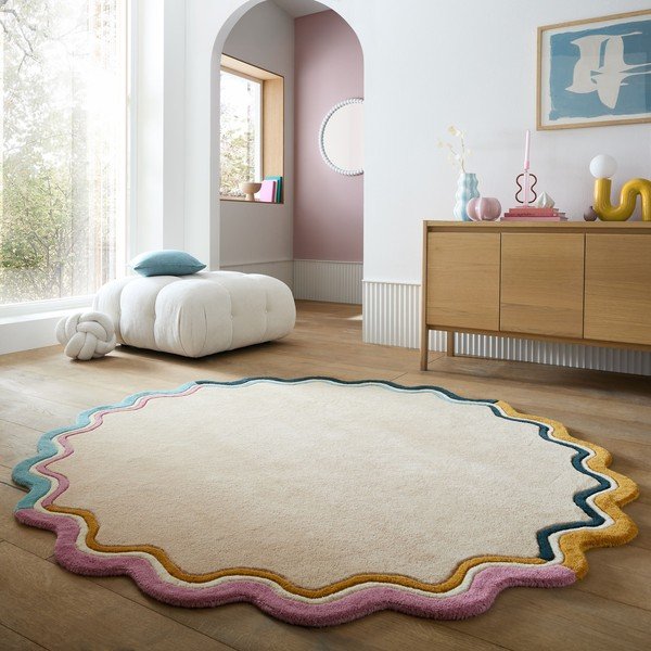 Tappeto rotondo di colore naturale in lana tessuto a mano ø 180 cm Leo Scallop – Flair Rugs-image-1