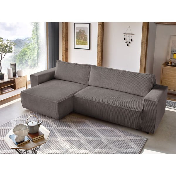 Divano angolare grigio tortora allungabile/con contenitore con rivestimento in velluto a coste Nihad – Bobochic Paris-image-1