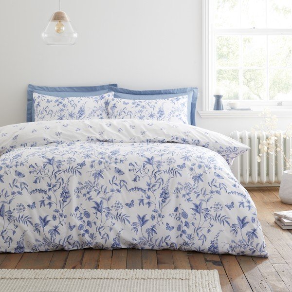 Set copripiumino e federa blu in percalle di cotone per letto singolo 135x200 cm Thea Floral – Bianca-image-2