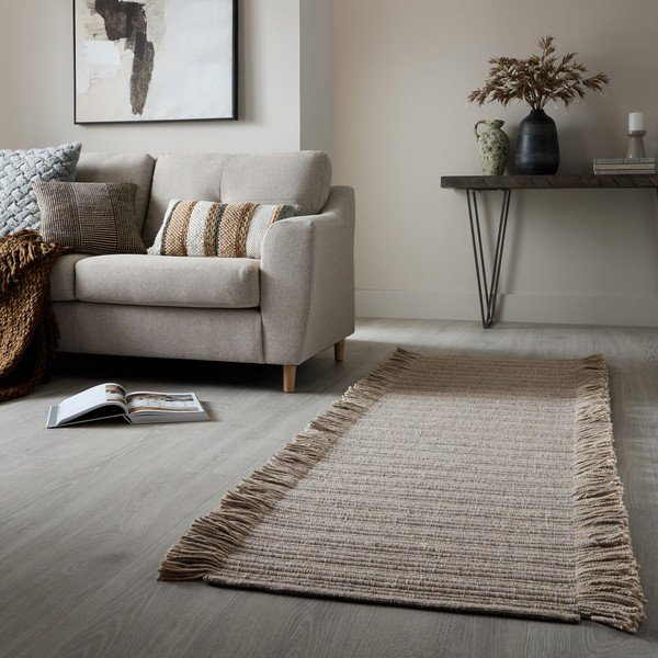 Passatoia grigia in misto lana tessuta a mano 60x230 cm Rene Fringed Ribbed – Flair Rugs-image-1