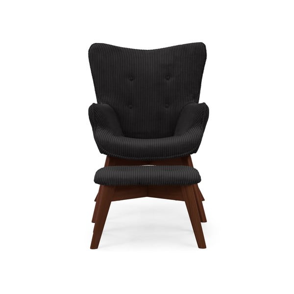 Poltrona con poggiapiedi nera con rivestimento in velluto a coste Niko – Ropez-image-3