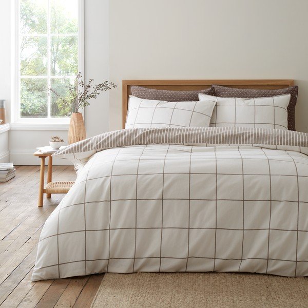 Set copripiumino e federa color crema/grigio tortora in flanella per letto matrimoniale 200x200 cm Brushed Regal Check – Bianca-image-1