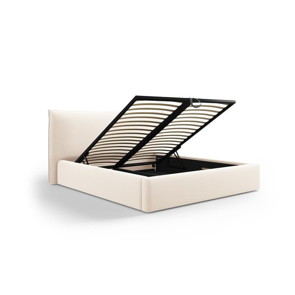 Letto matrimoniale imbottito color crema con contenitore e doghe 160x200 cm Elio - Milo Casa-image-1