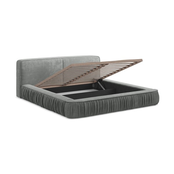 Letto matrimoniale imbottito grigio con contenitore e rete inclusi 160x200 cm Keoni – Makamii-image-4