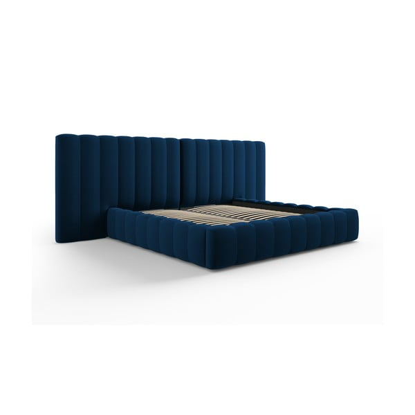 Letto matrimoniale imbottito blu scuro con contenitore e griglia 180x200 cm Gina - Milo Casa