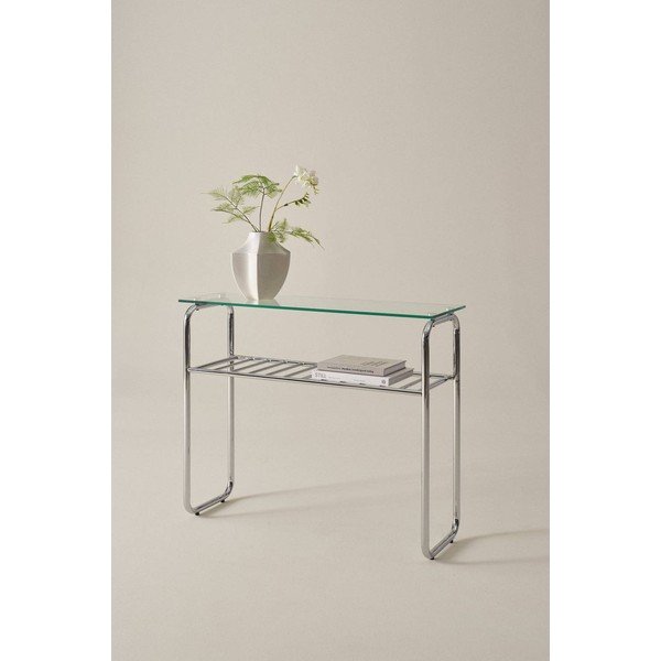 Tavolo consolle color argento lucido con piano in vetro 32x100 cm Walle – Jotex-image-1