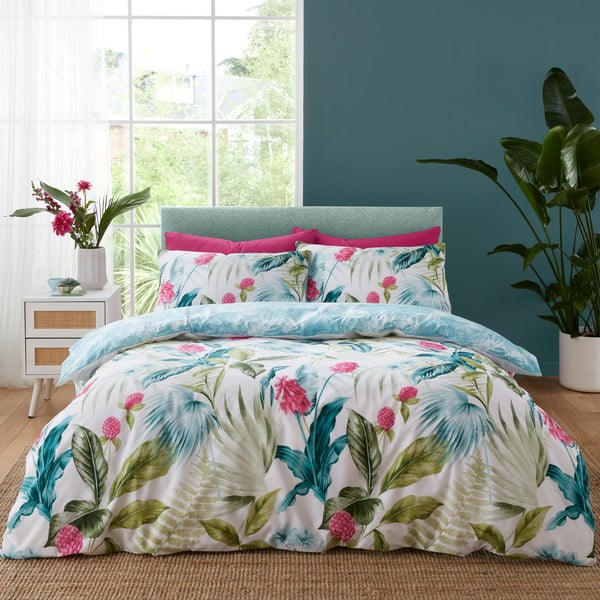 Set copripiumino e federa verde e blu per letto matrimoniale 200x200 cm Aruba Tropical Floral – Catherine Lansfield-image-1