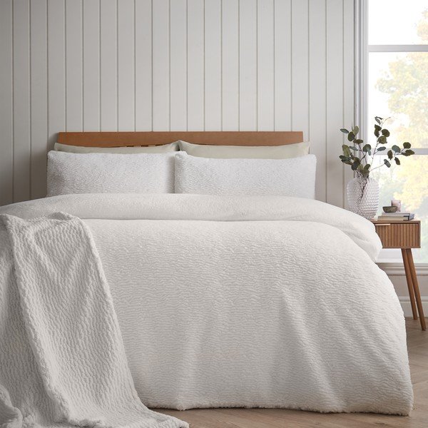 Set copripiumino e federa color crema per letto singolo 135x200 cm Textured Wave Faux Fur – Catherine Lansfield-image-1