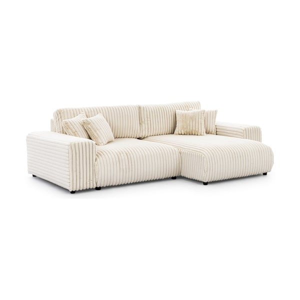 Divano angolare con penisola a destra color crema e rivestimento in velluto a coste allungabile e con contenitore Sarina – Ropez